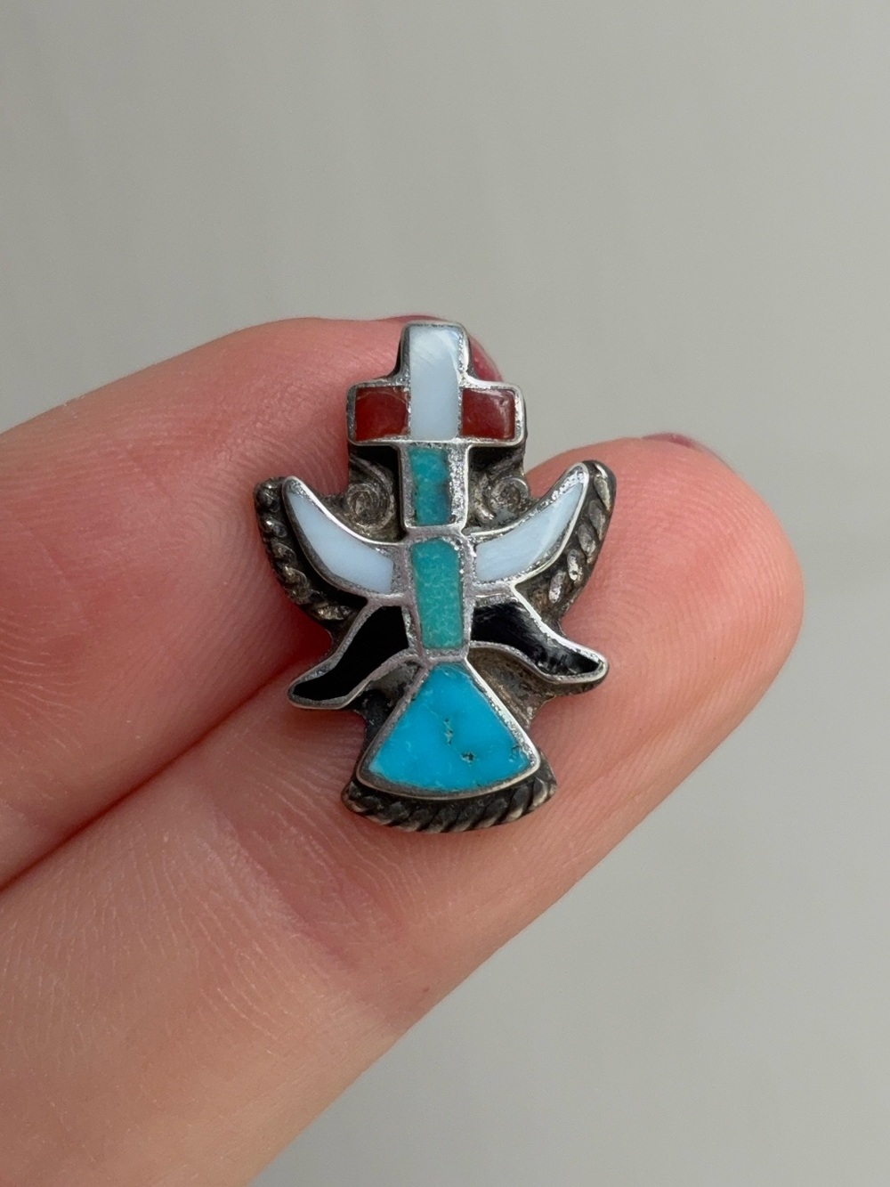Sterling Silver Native American Zuni Old Pawn Vintage Gemstone Inlay Brooch Pin